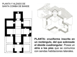 PLANTA Y ALZADO DE
SANTA COMBA DE BANDE
PLANTA: cruciforme inscrita en
un rectángulo, del que sobresale
el ábside cuadrangular. Posee un
atrio a los pies que se comunica
con sendas habitaciones laterales.
 