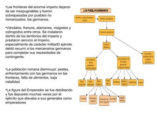 •Las fronteras del enorme imperio dejaron
de ser inexpugnables y fueron
sobrepasadas por pueblos no
romanizados: los germanos.
•Vándalos, francos, alamanes, visigodos y
ostrogodos entre otros. Se instalaron
dentro de los territorios del imperio y
prestaron servicio al Imperio,
especialmente de carácter militarEl ejército
debió recurrir a los mercenarios germanos
para completar sus necesidades de
contingente.
•La población romana disminuyó: pestes,
enfrentamiento con los germanos en las
fronteras, falta de alimentos, baja
natalidad.
•La figura del Emperador se fue debilitando
y fue depuesto muchas veces por el
ejército que elevaba a sus generales como
emperadores
 