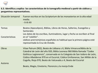 6.3. Identifica y explica las características de la iconografía medieval a partir de códices y
pergaminos representativos.
Situación temporal Fueron escritos en los Scriptorium de los monasterios en la alta edad
media.
- X-XI-XII
Temas
Caracteristicas
Beatos (Apocalipsis), Biblias, Libros de Horas, Salterios, Evangelios y
Santorales
Los datos de los escribas, iluminadores, lugar y fecha se escriben al final
en el "colofón".
códices prerrománicos españoles es habitual que la primera página esté
representada la Cruz de Oviedo.
Obras
Autores
Vitae Patrum (902), Beato de Liébana s X, Biblia Vimara o Biblia de la
Catedral de León del año 920, Biblia Leonesa 960 Biblia llamada "Codex
Gothicus Legionensis", conservada en la Colegiata de San Isidoro de León,
Códice Albeldense 970 en el Escorial, Códice Emilianense, San Millán de la
Cogolla, Rioja 970, Beato de Valcavado.s-X, Beato del Escorial
Beato, Magio, Emeterio, Florencio y la monja Ende
6.3
 