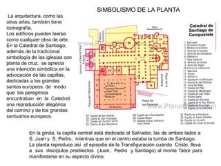La arquitectura, como las
otras artes, también tiene
iconografía.
Los edificios pueden leerse
como cualquier obra de arte.
En la Catedral de Santiago,
además de la tradicional
simbología de las iglesias con
planta de cruz, se aprecia
una intención simbólica en la
advocación de las capillas,
dedicadas a los grandes
santos europeos. de modo
que los peregrinos
encontraban en la Catedral
una reproducción alegórica
del camino y de los grandes
santuarios europeos.
En la girola, la capilla central está dedicada al Salvador, las de ambos lados a
S. Juan y S. Pedro, mientras que en el centro estaba la tumba de Santiago.
La planta reproduce así el episodio de la Transfiguración cuando Cristo lleva
a sus discípulos predilectos (Juan, Pedro y Santiago) al monte Tabor para
manifestarse en su aspecto divino.
SIMBOLISMO DE LA PLANTA
 