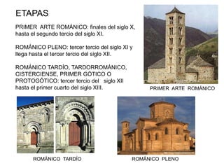 PRIMER ARTE ROMÁNICO: finales del siglo X,
hasta el segundo tercio del siglo XI.
ROMÁNICO PLENO: tercer tercio del siglo XI y
llega hasta el tercer tercio del siglo XII.
ROMÁNICO TARDÍO, TARDORROMÁNICO,
CISTERCIENSE, PRIMER GÓTICO O
PROTOGÓTICO: tercer tercio del siglo XII
hasta el primer cuarto del siglo XIII.
ETAPAS
PRIMER ARTE ROMÁNICO
ROMÁNICO PLENOROMÁNICO TARDÍO
 