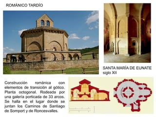 SANTA MARÍA DE EUNATE
siglo XII
Construcción románica con
elementos de transición al gótico.
Planta octogonal. Rodeada por
una galería porticada de 33 arcos.
Se halla en el lugar donde se
juntan los Caminos de Santiago
de Somport y de Roncesvalles.
ROMÁNICO TARDÍO
 