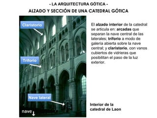 El alzado interior de la catedral
se articula en: arcadas que
separan la nave central de las
laterales; triforio a modo de
galería abierta sobre la nave
central; y claristorio, con vanos
cubiertos de vidrieras que
posibilitan el paso de la luz
exterior.
ALZADO Y SECCIÓN DE UNA CATEDRAL GÓTICA
- LA ARQUITECTURA GÓTICA -
Interior de la
catedral de Laon
Nave lateralNave lateral
TriforioTriforio
ClaristorioClaristorio
 