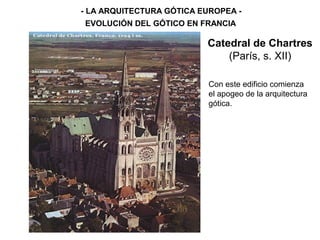 - LA ARQUITECTURA GÓTICA EUROPEA -
EVOLUCIÓN DEL GÓTICO EN FRANCIA
Catedral de Chartres
(París, s. XII)
Con este edificio comienza
el apogeo de la arquitectura
gótica.
 