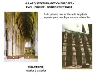 CHARTRES:
interior y exterior
- LA ARQUITECTURA GÓTICA EUROPEA -
EVOLUCIÓN DEL GÓTICO EN FRANCIA
Es la primera que se libera de la galería
superior para desplegar airosos arbotantes
 
