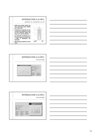 17
4949
INTRODUCCIINTRODUCCIÓÓN A LA HPLCN A LA HPLC
Válido para aquellos solutos que
sean claramente menos volátiles
que la fase móvil.
El eluyente es evaporado con una
corriente de N2 dejando una nube
de finas partículas sólidas que
entran en la zona de detección.
Las partículas se detectan por la
luz que procede de un diodo láser
y llega al fotodetector por
dispersión.
Sólo tampones volátiles en la fase
móvil.
DETECTOR DE DISPERSIÓN DE LUZ
5050
INTRODUCCIINTRODUCCIÓÓN A LA HPLCN A LA HPLC
APLICACIONES
5151
INTRODUCCIINTRODUCCIÓÓN A LA HPLCN A LA HPLC
APLICACIONES
 