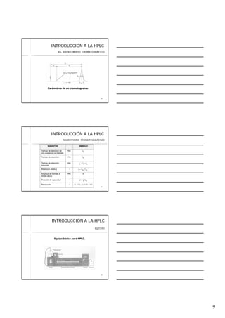 9
2525
INTRODUCCIINTRODUCCIÓÓN A LA HPLCN A LA HPLC
EL EXPERIMENTO CROMATOGRÁFICO
Parámetros de un cromatograma.
2626
INTRODUCCIINTRODUCCIÓÓN A LA HPLCN A LA HPLC
MAGNITUDES CROMATOGRÁFICAS
MAGNITUD SÍMBOLO
Tiempo de retención de
una sustancia no retenida
seg. tM
Tiempo de retención seg. tR
Tiempo de retención
reducido
seg. tR´= tR – tM
Retención relativa -- α = tR2´/ tR1´
Amplitud de bandas a
media altura
seg. W
Relación de capacidad -- k´= tR´/tM
Resolución -- RS = 2 [(tR2´- tR1´) / (w2 + w1)]
2727
INTRODUCCIINTRODUCCIÓÓN A LA HPLCN A LA HPLC
Equipo básico para HPLC.
EQUIPO
 