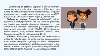 • Comunicación asertiva: Expresar lo que uno siente o
piensa sin agredir a la otra persona y defendiendo sus
puntos de vista. Se trata de una expresión fluida, segura y
respetuosa, aun cuando esto implique decir que no (SEP,
2017; OCDE, 2015; OMS, 1998; Tupes y Christal, 1961).
• Trabajo en equipo: Supone la colaboración eficaz,
equitativa e interdependiente de una serie de personas,
que pueden tener características muy diferentes, y que
combinan sus recursos personales y se esfuerzan para
llevar a cabo una meta común (CASEL, 2015, citado por
Banco Mundial, 2016; National Research Council, 2012;
Banco de desarrollo de Latinoamérica, 2016).
• Empatía: Reconocer y comprender las necesidades y
puntos de vista de otras personas, aunque sean contrarios
a los propios (empatía cognitiva), así como comprender
sus emociones, sin juzgarlo y sentirlo en uno mismo, lo que
motiva al deseo por ayudar (disposición empática) (SEP,
2017; UNICEF, 2021; National Research Council, 2012).
 
