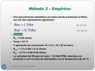 Método 3 : Empírico:
 Una aproximación estadística en lodos donde predomina el NaCL,
son las dos expresiones siguientes:
 Ejemplo:
 Rm = 0.08 ohmm
 Temp = 24 °C
 Y aplicando las ecuaciones 10.1.21 y 10.1.22 se tiene:
 Rmc = 1.5 x 0.08 = 0.12 ohmm.
 Rmf = 0.75 x 0.08=0.06 ohmm.
 La salinidad del filtrado de lodo = 133 000 PPM, obtenida con
ecuación ó con la carta de salinidades con la temperatura de 24 °C.
Ec: 10.1.21
Ec: 10.1.21
1.5
0.75
Rmc Rm
Rmf Rm


CTVA/CURSO EVALUACIÓN DE FORMACIONES
26
 