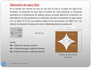 Saturación de agua (Sw)
Es la fracción del volumen de poro en una roca el cual es ocupado por agua de la
formación. La saturación de agua tiene el símbolo Sw. Esta representa un importante
parámetro en la interpretación de registros porque se puede determinar la saturación de
hidrocarburos de los yacimientos por sustracción del valor de saturación de agua menos
uno. La figura 10.1.5 es una muestra unitaria de de roca porosa y la Tabla 10.1.1 los
cálculos de saturación de agua de la misma. Matemáticamente se expresa así:
Ec: 10.1.2
Donde:
Sw = Saturación de agua, fracción.
Vw = Volumen de agua, unidad de volumen.
Vp = Volumen de poros, unidad de volumen
Vw
Sw
Vp
=
Poro
ZonaVirgen
Muestra unitaria de roca porosa
Figura 10.1.5
Vol.de Agua
Volde poro
CTVA/CURSO DE EVALAUCIÓN DE FORMACIONES
53
 