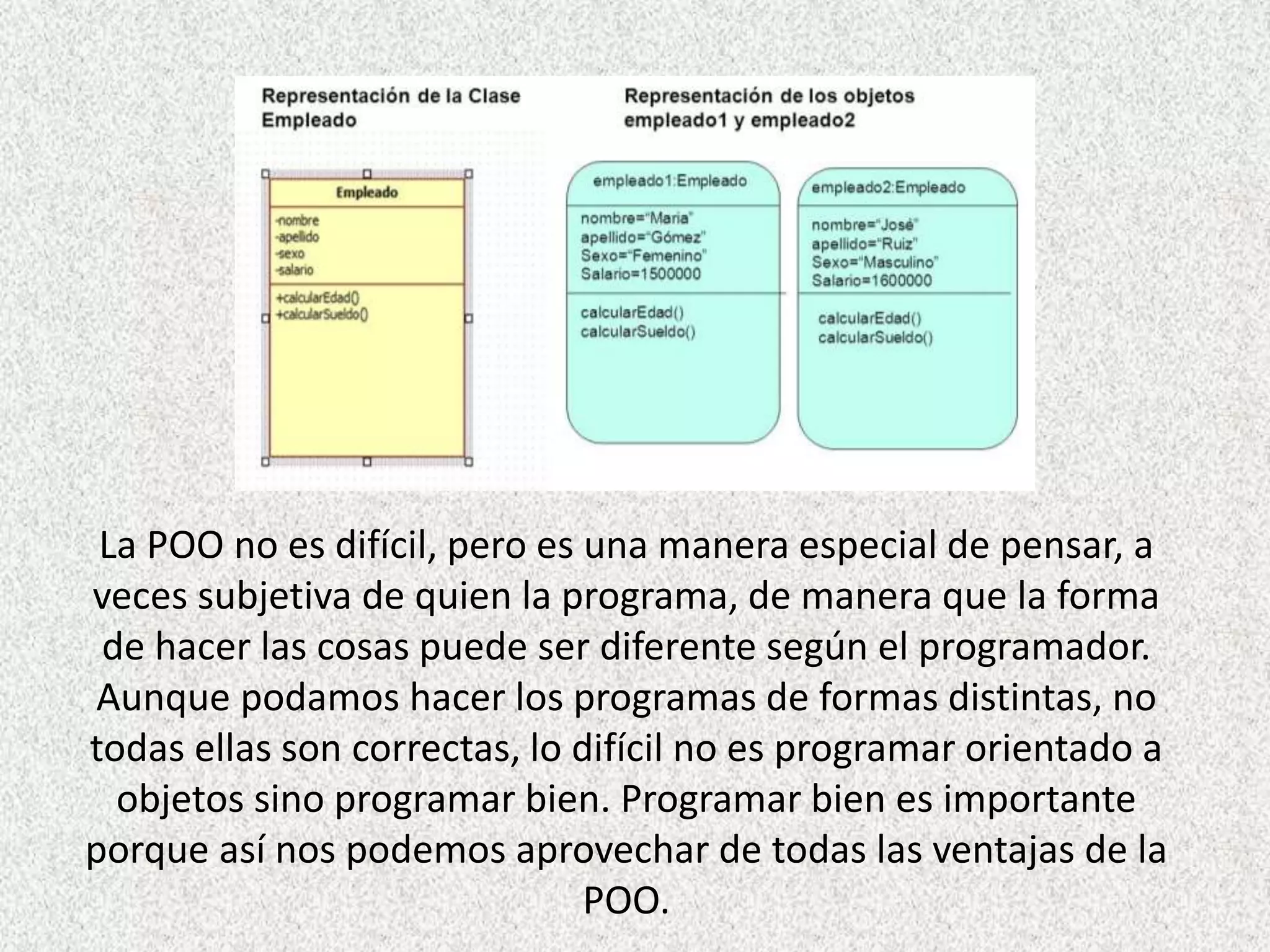 La POO no es difícil, pero es una manera especial de pensar, a
veces subjetiva de quien la programa, de manera que la forma
de hacer las cosas puede ser diferente según el programador.
Aunque podamos hacer los programas de formas distintas, no
todas ellas son correctas, lo difícil no es programar orientado a
objetos sino programar bien. Programar bien es importante
porque así nos podemos aprovechar de todas las ventajas de la
POO.
 
