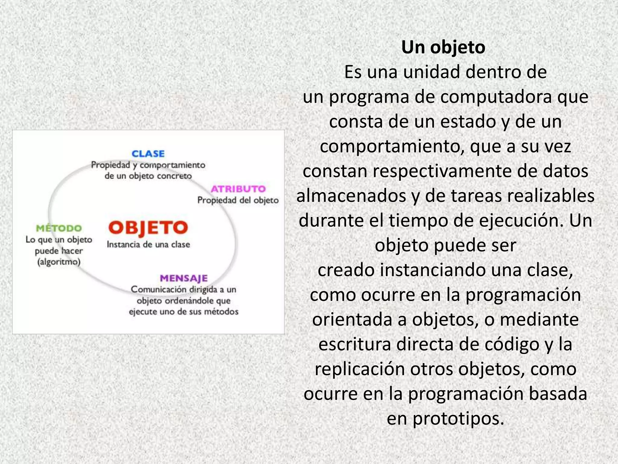Un objeto
Es una unidad dentro de
un programa de computadora que
consta de un estado y de un
comportamiento, que a su vez
constan respectivamente de datos
almacenados y de tareas realizables
durante el tiempo de ejecución. Un
objeto puede ser
creado instanciando una clase,
como ocurre en la programación
orientada a objetos, o mediante
escritura directa de código y la
replicación otros objetos, como
ocurre en la programación basada
en prototipos.
 