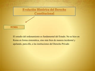 El estudio del ordenamiento es fundamental del Estado. No se hizo en 
Roma en forma sistemática, sino más bien de manera incidental y 
apelando, para ello, a las instituciones del Derecho Privado 
 
