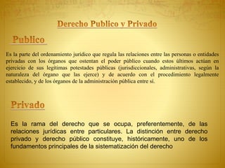 Es la parte del ordenamiento jurídico que regula las relaciones entre las personas o entidades 
privadas con los órganos que ostentan el poder público cuando estos últimos actúan en 
ejercicio de sus legítimas potestades públicas (jurisdiccionales, administrativas, según la 
naturaleza del órgano que las ejerce) y de acuerdo con el procedimiento legalmente 
establecido, y de los órganos de la administración pública entre sí. 
Es la rama del derecho que se ocupa, preferentemente, de las 
relaciones jurídicas entre particulares. La distinción entre derecho 
privado y derecho público constituye, históricamente, uno de los 
fundamentos principales de la sistematización del derecho 
 