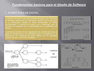  ESTRUCTURA DE DATOS.
La estructura de datos es una representación de la lógica que existe entre
los elementos individuales de información. Debido a que la estructura
de la información afectará de forma determinante al diseño
procedimiental, la estructura de datos es tan importante como la
estructura del programa en la representación de la arquitectura del
software.
La estructura de datos dicta la organización, los métodos de acceso, el
grado de asociatividad y las alternativas para el tratamiento de la
información. Las estructuras de datos clásicas son los elementos
escalares, los arrays, las listas y los árboles.
Fundamentos basicos para el diseño de Software
 