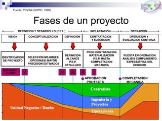 Operaciones
Ingeniería y
Proyectos
Contratista
Unidad Negocios / Dueño
Fases de un proyecto
Fuente: PDVSA (GGPIC, 1998)
VISION CONCEPTUALIZACION DEFINICION CONTRATACION
Y EJECUCION
DEFINICION Y DESARROLLO (F.E.L.) IMPLANTACION OPERACION
OPERACION Y
EVALUACION CONTINUA
IDENTIFICACION
DE PROYECTO
SELECCION MEJOR(ES)
OPCION(ES) MAYOR
PRECISION ESTIMADOS
DEFINICION
ALCANCE
P.E.P.
DETALLADO
PROC.CONTRATACION
MATERIALIZACION
P.E.P. HASTA
COMPLETACION
MECANICA
PUESTA EN OPERACION
ANALISIS CUMPLIMIENTO
EXPECTATIVAS DEL
NEGOCIO
ESTIMADO
CLASE: V IV III II I
COMPLETACION
MECANICA
APROBACION
PROYECTO
 
