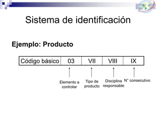 Sistema de identificación
Ejemplo: Producto
Código básico 03 VII VIII IX
Elemento a
controlar
Tipo de
producto
Disciplina
responsable
N° consecutivo
 