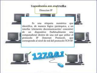 Direccion IP 
Es una etiqueta numérica que 
identifica, de manera lógica yjerárquica, a un 
interfaz (elemento decomunicación/ conexión) 
de un dispositivo (habitualmente una 
computadora) dentro de una red que utilice el 
protocolo IP (Internet Protocol), que 
corresponde al nivel de red del protocolo TCP/IP. 
 