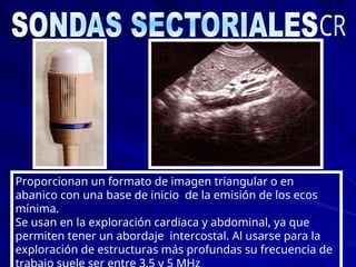 Proporcionan un formato de imagen triangular o en
abanico con una base de inicio de la emisión de los ecos
mínima.
Se usan en la exploración cardiaca y abdominal, ya que
permiten tener un abordaje intercostal. Al usarse para la
exploración de estructuras más profundas su frecuencia de
 