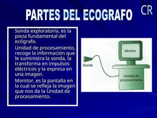 Sonda exploratoria, es la
Sonda exploratoria, es la
pieza fundamental del
pieza fundamental del
ecógrafo.
ecógrafo.
Unidad de procesamiento,
Unidad de procesamiento,
recoge la información que
recoge la información que
le suministra la sonda, la
le suministra la sonda, la
transforma en impulsos
transforma en impulsos
eléctricos y la expresa en
eléctricos y la expresa en
una imagen.
una imagen.
Monitor, es la pantalla en
Monitor, es la pantalla en
la cual se refleja la imagen
la cual se refleja la imagen
que nos da la Unidad de
que nos da la Unidad de
procesamiento.
procesamiento.
 