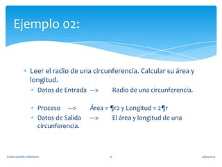 Leer el radio de una circunferencia. Calcular su área y
longitud.
Datos de Entrada ---> Radio de una circunferencia.
Proceso ---> Área = ¶r2 y Longitud = 2¶r
Datos de Salida ---> El área y longitud de una
circunferencia.
Ejemplo 02:
14/05/2013Carlos Castillo Valladares 6
 