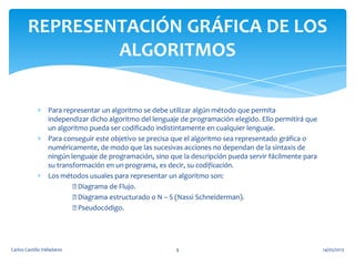 Para representar un algoritmo se debe utilizar algún método que permita
independizar dicho algoritmo del lenguaje de programación elegido. Ello permitirá que
un algoritmo pueda ser codificado indistintamente en cualquier lenguaje.
Para conseguir este objetivo se precisa que el algoritmo sea representado gráfica o
numéricamente, de modo que las sucesivas acciones no dependan de la sintaxis de
ningún lenguaje de programación, sino que la descripción pueda servir fácilmente para
su transformación en un programa, es decir, su codificación.
Los métodos usuales para representar un algoritmo son:
Diagrama de Flujo.
Diagrama estructurado o N – S (Nassi Schneiderman).
Pseudocódigo.
REPRESENTACIÓN GRÁFICA DE LOS
ALGORITMOS
14/05/2013Carlos Castillo Valladares 9
 