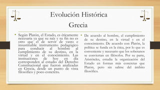 Evolución Histórica 
Grecia 
• Según Platón, el Estado, es éticamente 
necesaria ya que su raíz y su fin no es 
otro que el de servir de vasto e 
insustituible instrumento pedagógico 
para conducir al hombre al 
cumplimiento de su destino, en la 
virtud y en el conocimiento. Las 
instituciones de hoy en día 
corresponden al estudio del Derecho 
Constitucional que fueron analizadas 
en Grecia, desde un punto de vista 
filosófico y poco concreto. 
• De acuerdo al hombre, el cumplimiento 
de su destino, en la virtud y en el 
conocimiento. De acuerdo con Platón, la 
política se funda en la ética, por lo que es 
conveniente y necesario que los soberanos 
se conviertan en filósofos. Por su parte, 
Aristóteles, estudia la organización del 
Estado en formas más concretas que 
Platón, pero sin salirse del ámbito 
filosófico. 
 