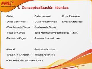 I. Conceptualización técnica:
-Divisa: -Divisa Nacional -Divisa Extranjera
-Divisa Convertible -Divisa No Convertible -Divisas Autorizadas
-Reembolso de Divisas -Reintegro de Divisas
-Tasas de Cambio -Tasa Representativa del Mercado –T.R.M.
-Balanza de Pagos -Reservas Internacionales
-Arancel -Arancel de Aduanas
-Gravamen Arancelario -Tributos Aduaneros
-Valor de las Mercancías en Aduana
 