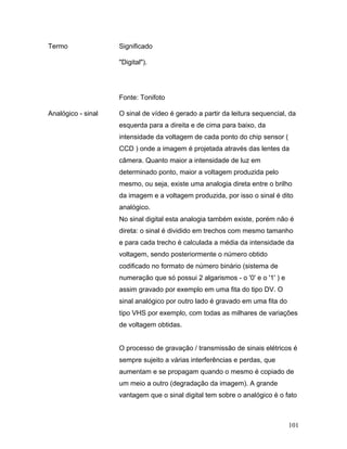 101
Termo Significado
"Digital").
Fonte: Tonifoto
Analógico - sinal O sinal de vídeo é gerado a partir da leitura sequencial, da
esquerda para a direita e de cima para baixo, da
intensidade da voltagem de cada ponto do chip sensor (
CCD ) onde a imagem é projetada através das lentes da
câmera. Quanto maior a intensidade de luz em
determinado ponto, maior a voltagem produzida pelo
mesmo, ou seja, existe uma analogia direta entre o brilho
da imagem e a voltagem produzida, por isso o sinal é dito
analógico.
No sinal digital esta analogia também existe, porém não é
direta: o sinal é dividido em trechos com mesmo tamanho
e para cada trecho é calculada a média da intensidade da
voltagem, sendo posteriormente o número obtido
codificado no formato de número binário (sistema de
numeração que só possui 2 algarismos - o '0' e o '1' ) e
assim gravado por exemplo em uma fita do tipo DV. O
sinal analógico por outro lado é gravado em uma fita do
tipo VHS por exemplo, com todas as milhares de variações
de voltagem obtidas.
O processo de gravação / transmissão de sinais elétricos é
sempre sujeito a várias interferências e perdas, que
aumentam e se propagam quando o mesmo é copiado de
um meio a outro (degradação da imagem). A grande
vantagem que o sinal digital tem sobre o analógico é o fato
 