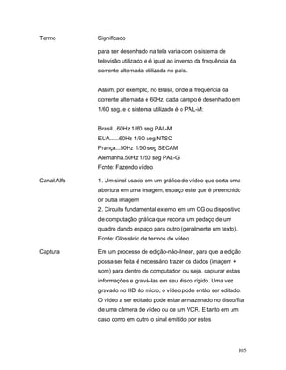 105
Termo Significado
para ser desenhado na tela varia com o sistema de
televisão utilizado e é igual ao inverso da frequência da
corrente alternada utilizada no país.
Assim, por exemplo, no Brasil, onde a frequência da
corrente alternada é 60Hz, cada campo é desenhado em
1/60 seg. e o sistema utilizado é o PAL-M:
Brasil...60Hz 1/60 seg PAL-M
EUA......60Hz 1/60 seg NTSC
França...50Hz 1/50 seg SECAM
Alemanha.50Hz 1/50 seg PAL-G
Fonte: Fazendo vídeo
Canal Alfa 1. Um sinal usado em um gráfico de vídeo que corta uma
abertura em uma imagem, espaço este que é preenchido
ór outra imagem
2. Circuito fundamental externo em um CG ou dispositivo
de computação gráfica que recorta um pedaço de um
quadro dando espaço para outro (geralmente um texto).
Fonte: Glossário de termos de vídeo
Captura Em um processo de edição-não-linear, para que a edição
possa ser feita é necessário trazer os dados (imagem +
som) para dentro do computador, ou seja, capturar estas
informações e gravá-las em seu disco rígido. Uma vez
gravado no HD do micro, o vídeo pode então ser editado.
O vídeo a ser editado pode estar armazenado no disco/fita
de uma câmera de vídeo ou de um VCR. E tanto em um
caso como em outro o sinal emitido por estes
 