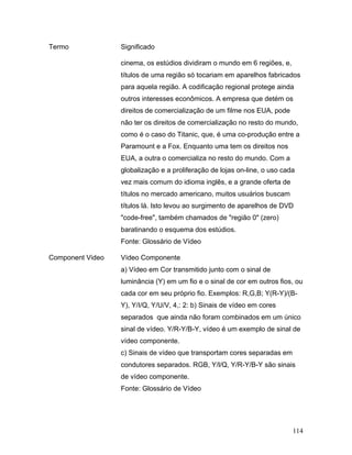 114
Termo Significado
cinema, os estúdios dividiram o mundo em 6 regiões, e,
títulos de uma região só tocariam em aparelhos fabricados
para aquela região. A codificação regional protege ainda
outros interesses econômicos. A empresa que detém os
direitos de comercialização de um filme nos EUA, pode
não ter os direitos de comercialização no resto do mundo,
como é o caso do Titanic, que, é uma co-produção entre a
Paramount e a Fox. Enquanto uma tem os direitos nos
EUA, a outra o comercializa no resto do mundo. Com a
globalização e a proliferação de lojas on-line, o uso cada
vez mais comum do idioma inglês, e a grande oferta de
títulos no mercado americano, muitos usuários buscam
títulos lá. Isto levou ao surgimento de aparelhos de DVD
"code-free", também chamados de "região 0" (zero)
baratinando o esquema dos estúdios.
Fonte: Glossário de Vídeo
Component Video Vídeo Componente
a) Vídeo em Cor transmitido junto com o sinal de
luminância (Y) em um fio e o sinal de cor em outros fios, ou
cada cor em seu próprio fio. Exemplos: R,G,B; Y(R-Y)/(B-
Y), Y/I/Q, Y/U/V, 4,: 2: b) Sinais de vídeo em cores
separados que ainda não foram combinados em um único
sinal de vídeo. Y/R-Y/B-Y, vídeo é um exemplo de sinal de
vídeo componente.
c) Sinais de vídeo que transportam cores separadas em
condutores separados. RGB, Y/l/Q, Y/R-Y/B-Y são sinais
de vídeo componente.
Fonte: Glossário de Vídeo
 