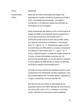 115
Termo Significado
Componentes -
Vídeo...
Neste tipo de sinal as informações da imagem são
separadas em 3 partes: luminância (a parte que controla o
brilho - quantidade de luminosidade - na imagem) ,
cromitância-1 e cromitância-2 (partes que controlam as
informações de cor na imagem).
Estes componentes são obtidos a partir do sinal original da
imagem em RGB: a luminosidade total da imagem forma
um primeiro componente, denominado sinal ' Y ' .
Subtraindo-se este sinal do sinal R (red) do RGB, obtém-
se o segundo componente (cromitância-1, denominado
sinal ' U ' ), logo U = R - Y . Subtraindo-se agora o sinal Y
do sinal B (blue) do RGB, obtém-se o terceiro componente
(cromitância-2, denominado sinal ' V ' ), logo V = B - Y .
Assim, é possível registrar os dados da imagem através de
3 sinais, um para luminosidade e dois para cor. No
momento da decodificação, um circuito eletrônico recupera
o sinal G (green) do RGB através do cálculo da diferença
de (R+B) em relação à luminosidade total Y.
Formatos de vídeo profissionais analógicos gravam o sinal
componentes YUV diretamente nas fitas magnéticas, como
por exemplo Betacam SP. Formatos digitais o digitalizam e
a seguir o comprimem, como por exemplo DV.
Este tipo de sinal, por manter as informações de cor
separadas, possui uma melhor definição de cores do que a
de outros sinais, como o Y/C, o composto e o rf (nessa
ordem, ordenados da maior para a menor qualidade).
 