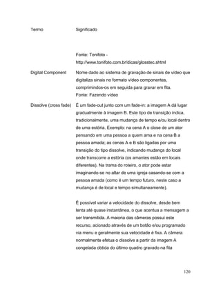120
Termo Significado
Fonte: Tonifoto -
http://www.tonifoto.com.br/dicas/glosstec.shtml
Digital Component Nome dado ao sistema de gravação de sinais de vídeo que
digitaliza sinais no formato vídeo componentes,
comprimindos-os em seguida para gravar em fita.
Fonte: Fazendo vídeo
Dissolve (cross fade) É um fade-out junto com um fade-in: a imagem A dá lugar
gradualmente à imagem B. Este tipo de transição indica,
tradicionalmente, uma mudança de tempo e/ou local dentro
de uma estória. Exemplo: na cena A o close de um ator
pensando em uma pessoa a quem ama e na cena B a
pessoa amada; as cenas A e B são ligadas por uma
transição do tipo dissolve, indicando mudança do local
onde transcorre a estória (os amantes estão em locais
diferentes). Na trama do roteiro, o ator pode estar
imaginando-se no altar de uma igreja casando-se com a
pessoa amada (como é um tempo futuro, neste caso a
mudança é de local e tempo simultaneamente).
É possível variar a velocidade do dissolve, desde bem
lenta até quase instantânea, o que acentua a mensagem a
ser transmitida. A maioria das câmeras possui este
recurso, acionado através de um botão e/ou programado
via menu e geralmente sua velocidade é fixa. A câmera
normalmente efetua o dissolve a partir da imagem A
congelada obtida do último quadro gravado na fita
 