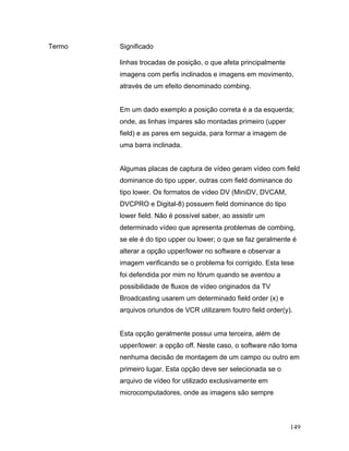 149
Termo Significado
linhas trocadas de posição, o que afeta principalmente
imagens com perfis inclinados e imagens em movimento,
através de um efeito denominado combing.
Em um dado exemplo a posição correta é a da esquerda;
onde, as linhas ímpares são montadas primeiro (upper
field) e as pares em seguida, para formar a imagem de
uma barra inclinada.
Algumas placas de captura de vídeo geram vídeo com field
dominance do tipo upper, outras com field dominance do
tipo lower. Os formatos de vídeo DV (MiniDV, DVCAM,
DVCPRO e Digital-8) possuem field dominance do tipo
lower field. Não é possível saber, ao assistir um
determinado vídeo que apresenta problemas de combing,
se ele é do tipo upper ou lower; o que se faz geralmente é
alterar a opção upper/lower no software e observar a
imagem verificando se o problema foi corrigido. Esta tese
foi defendida por mim no fórum quando se aventou a
possibilidade de fluxos de vídeo originados da TV
Broadcasting usarem um determinado field order (x) e
arquivos oriundos de VCR utilizarem foutro field order(y).
Esta opção geralmente possui uma terceira, além de
upper/lower: a opção off. Neste caso, o software não toma
nenhuma decisão de montagem de um campo ou outro em
primeiro lugar. Esta opção deve ser selecionada se o
arquivo de vídeo for utilizado exclusivamente em
microcomputadores, onde as imagens são sempre
 