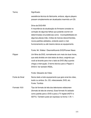151
Termo Significado
assistência técnica do fabricante, embora, alguns players
possam simplesmente ser atualizados inserindo um CD.
Drive de DVD-RW
A importância da atualização do firmware consiste na
correção de algumas falhas que poderão ocorrer em
determinadas circunstâncias como: incompatibilidade em
algumas placas-mãe, mídias de marcas desconhecidas,
novos padrões adotados, evitando assim o mal-
funcionamento ou até mesmo danos ao equipamento.
Fonte: Mr. Walker / Desmistificando DVD/Pioneer News
Flipper Um filme de DVD, normalmente com mais de duas horas,
que está dividido em dois lados de disco, exigindo que
você se levante para virar o lado do DVD (flip) quando
chega a interrupção. O termo técnico para o Flipper é
DVD-9. Ver também RSDL.
Fonte: Glossário de Vídeo
Fonte de Sinal Nome dado a todo equipamento que gera sinal de vídeo,
áudio ou ambos. Ex. CD, videocassete, DVD, etc.
Fonte: Tonifoto
Formato 16:9 Tipo de formato de tela dos televisores widescreen
(formato de tela de cinema). Esse formato foi adotado
como padrão para o DVD e para a TV digital (HDTV e
SDTV). Também pode ser expresso na forma 1,78: 1.
 
