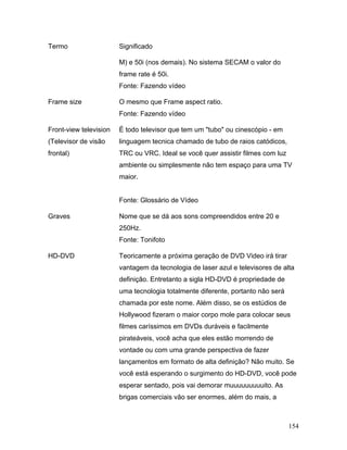 154
Termo Significado
M) e 50i (nos demais). No sistema SECAM o valor do
frame rate é 50i.
Fonte: Fazendo vídeo
Frame size O mesmo que Frame aspect ratio.
Fonte: Fazendo vídeo
Front-view television
(Televisor de visão
frontal)
É todo televisor que tem um "tubo" ou cinescópio - em
linguagem tecnica chamado de tubo de raios catódicos,
TRC ou VRC. Ideal se você quer assistir filmes com luz
ambiente ou simplesmente não tem espaço para uma TV
maior.
Fonte: Glossário de Vídeo
Graves Nome que se dá aos sons compreendidos entre 20 e
250Hz.
Fonte: Tonifoto
HD-DVD Teoricamente a próxima geração de DVD Video irá tirar
vantagem da tecnologia de laser azul e televisores de alta
definição. Entretanto a sigla HD-DVD é propriedade de
uma tecnologia totalmente diferente, portanto não será
chamada por este nome. Além disso, se os estúdios de
Hollywood fizeram o maior corpo mole para colocar seus
filmes caríssimos em DVDs duráveis e facilmente
pirateáveis, você acha que eles estão morrendo de
vontade ou com uma grande perspectiva de fazer
lançamentos em formato de alta definição? Não muito. Se
você está esperando o surgimento do HD-DVD, você pode
esperar sentado, pois vai demorar muuuuuuuuuito. As
brigas comerciais vão ser enormes, além do mais, a
 