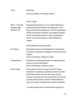 156
Termo Significado
quanto ao padrão a ser adotado no Brasil.
Fonte: Tonifoto
HDTV - TV de Alta
Definição (High
Definition TV)
Proposta de padrão para a TV com melhor definição. O
número de linhas de definição horizontal passa a 1125
linhas (contra 525 do padrão atual.), a 60 Hz entrelaçadas,
30 MHz de banda de luminância, com relação de aspecto
de 16:9. Este padrão aproxima o vídeo à qualidade do
cinema, com a tela mais larga e melhor definição de
imagem.
Fonte: Glossário de termos de video
Hi-Fi Stereo Reprodução do som com alta fidelidade. O videocassete
Hi-Fi Stereo é ideal para a utilização em sistemas de Home
Theater.
Fonte: Home-Studio - Glossário e outros
HI-Speed Zoom Possibilita uma rápida aproximação dos objetos distantes
durante o processo de filmagem.
Fonte: Home-Studio - Glossário e outros
Home Theater Em português, Cinema em Casa. Por Home Theater,
entende-se a integração de produtos de áudio e de vídeo
de alto desempenho, para levar até nossas casas o
impacto e a emoção que se tem aos assistir a um filme em
uma boa sala de cinema. Um Home Theater Dolby Pro-
Logic, por exemplo, é composto dos seguintes aparelhos:
- 2 caixas acústicas para os canais frontais (esquerdo e
 
