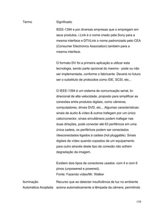 158
Termo Significado
IEEE-1394 e por diversas empresas que o empregam em
seus produtos, i.Link é o nome criado pela Sony para a
mesma interface e DTVLink o nome padronizado pelo CEA
(Consumer Electronics Association) também para a
mesma interface.
O formato DV foi a primeira aplicação a utilizar esta
tecnologia, sendo parte opcional do mesmo - pode ou não
ser implementada, conforme o fabricante. Deverá no futuro
ser o substituto de protocolos como IDE, SCSI, etc...
O IEEE-1394 é um sistema de comunicação serial, bi-
direcional de alta velocidade, proposto para simplificar as
conexões entre produtos digitais, como câmeras,
computadores, drives DVD, etc... Algumas características:
sinais de áudio & vídeo & outros trafegam por um único
cabo/conector, sinais simultâneos podem trafegar nas
duas direções, pode conectar até 63 periféricos em uma
única cadeia, os periféricos podem ser conectados
/desconectados ligados à cadeia (hot pluggable). Sinais
digitais de vídeo quando copiados de um equipamento
para outro através deste tipo de conexão não sofrem
degradação da imagem.
Existem dois tipos de conectores usados: com 4 e com 6
pinos (unpowered e powered).
Fonte: Fazendo vídeo/Mr. Walker
Iluminação
Automática Acoplada
Recurso que ao detectar insuficiência de luz no ambiente
aciona automaticamente a lâmpada da câmera, permitindo
 