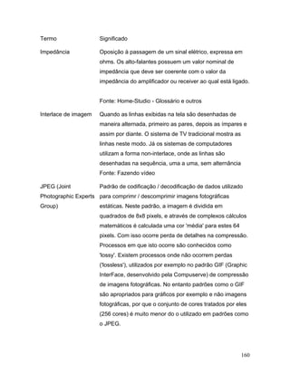 160
Termo Significado
Impedância Oposição à passagem de um sinal elétrico, expressa em
ohms. Os alto-falantes possuem um valor nominal de
impedância que deve ser coerente com o valor da
impedância do amplificador ou receiver ao qual está ligado.
Fonte: Home-Studio - Glossário e outros
Interlace de imagem Quando as linhas exibidas na tela são desenhadas de
maneira alternada, primeiro as pares, depois as ímpares e
assim por diante. O sistema de TV tradicional mostra as
linhas neste modo. Já os sistemas de computadores
utilizam a forma non-interlace, onde as linhas são
desenhadas na sequência, uma a uma, sem alternância
Fonte: Fazendo vídeo
JPEG (Joint
Photographic Experts
Group)
Padrão de codificação / decodificação de dados utilizado
para comprimr / descomprimir imagens fotográficas
estáticas. Neste padrão, a imagem é dividida em
quadrados de 8x8 pixels, e através de complexos cálculos
matemáticos é calculada uma cor 'média' para estes 64
pixels. Com isso ocorre perda de detalhes na compressão.
Processos em que isto ocorre são conhecidos como
'lossy'. Existem processos onde não ocorrem perdas
('lossless'), utilizados por exemplo no padrão GIF (Graphic
InterFace, desenvolvido pela Compuserve) de compressão
de imagens fotográficas. No entanto padrões como o GIF
são apropriados para gráficos por exemplo e não imagens
fotográficas, por que o conjunto de cores tratados por eles
(256 cores) é muito menor do o utilizado em padrões como
o JPEG.
 