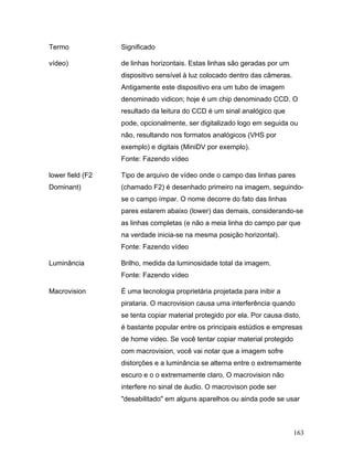 163
Termo Significado
vídeo) de linhas horizontais. Estas linhas são geradas por um
dispositivo sensível à luz colocado dentro das câmeras.
Antigamente este dispositivo era um tubo de imagem
denominado vidicon; hoje é um chip denominado CCD. O
resultado da leitura do CCD é um sinal analógico que
pode, opcionalmente, ser digitalizado logo em seguida ou
não, resultando nos formatos analógicos (VHS por
exemplo) e digitais (MiniDV por exemplo).
Fonte: Fazendo vídeo
lower field (F2
Dominant)
Tipo de arquivo de vídeo onde o campo das linhas pares
(chamado F2) é desenhado primeiro na imagem, seguindo-
se o campo ímpar. O nome decorre do fato das linhas
pares estarem abaixo (lower) das demais, considerando-se
as linhas completas (e não a meia linha do campo par que
na verdade inicia-se na mesma posição horizontal).
Fonte: Fazendo vídeo
Luminância Brilho, medida da luminosidade total da imagem.
Fonte: Fazendo vídeo
Macrovision É uma tecnologia proprietária projetada para inibir a
pirataria. O macrovision causa uma interferência quando
se tenta copiar material protegido por ela. Por causa disto,
é bastante popular entre os principais estúdios e empresas
de home video. Se você tentar copiar material protegido
com macrovision, você vai notar que a imagem sofre
distorções e a luminância se alterna entre o extremamente
escuro e o o extremamente claro. O macrovision não
interfere no sinal de áudio. O macrovison pode ser
"desabilitado" em alguns aparelhos ou ainda pode se usar
 