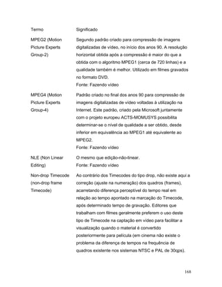 168
Termo Significado
MPEG2 (Motion
Picture Experts
Group-2)
Segundo padrão criado para compressão de imagens
digitalizadas de vídeo, no início dos anos 90. A resolução
horizontal obtida após a compressão é maior do que a
obtida com o algoritmo MPEG1 (cerca de 720 linhas) e a
qualidade também é melhor. Utilizado em filmes gravados
no formato DVD.
Fonte: Fazendo vídeo
MPEG4 (Motion
Picture Experts
Group-4)
Padrão criado no final dos anos 90 para compressão de
imagens digitalizadas de vídeo voltadas à utilização na
Internet. Este padrão, criado pela Microsoft juntamente
com o projeto europeu ACTS-MOMUSYS possibilita
determinar-se o nível de qualidade a ser obtido, desde
inferior em equivalência ao MPEG1 até equivalente ao
MPEG2.
Fonte: Fazendo vídeo
NLE (Non Linear
Editing)
O mesmo que edição-não-linear.
Fonte: Fazendo vídeo
Non-drop Timecode
(non-drop frame
Timecode)
Ao contrário dos Timecodes do tipo drop, não existe aqui a
correção (ajuste na numeração) dos quadros (frames),
acarretando diferença perceptível do tempo real em
relação ao tempo apontado na marcação do Timecode,
após determinado tempo de gravação. Editores que
trabalham com filmes geralmente preferem o uso deste
tipo de Timecode na captação em vídeo para facilitar a
visualização quando o material é convertido
posteriormente para película (em cinema não existe o
problema da diferença de tempos na frequência de
quadros existente nos sistemas NTSC e PAL de 30qps).
 