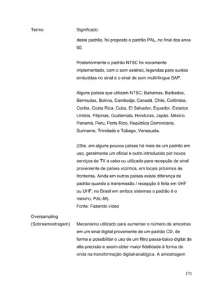 171
Termo Significado
deste padrão, foi proposto o padrão PAL, no final dos anos
60.
Posteriormente o padrão NTSC foi novamente
implementado, com o som estéreo, legendas para surdos
embutidas no sinal e o sinal de som multi-língue SAP.
Alguns países que utilizam NTSC: Bahamas, Barbados,
Bermudas, Bolívia, Cambodja, Canadá, Chile, Colômbia,
Coréia, Costa Rica, Cuba, El Salvador, Equador, Estados
Unidos, Filipinas, Guatemala, Honduras, Japão, México,
Panamá, Peru, Porto Rico, República Dominicana,
Suriname, Trinidade e Tobago, Venezuela.
(Obs. em alguns poucos países há mais de um padrão em
uso, geralmente um oficial e outro introduzido por novos
serviços de TV a cabo ou utilizado para recepção de sinal
proveniente de países vizinhos, em locais próximos às
fronteiras. Ainda em outros países existe diferença de
padrão quando a transmissão / recepção é feita em VHF
ou UHF; no Brasil em ambos sistemas o padrão é o
mesmo, PAL-M).
Fonte: Fazendo vídeo
Oversampling
(Sobreamostragem) Mecanismo utilizado para aumentar o número de amostras
em um sinal digital proveniente de um padrão CD, de
forma a possibilitar o uso de um filtro passa-baixo digital de
alta precisão e assim obter maior fidelidade à forma de
onda na transformação digital-analógica. A amostragem
 