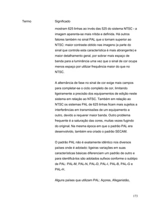 173
Termo Significado
mostram 625 linhas ao invés das 525 do sistema NTSC - a
imagem aparenta-se mais nítida e definida. Há outros
fatores também no sinal PAL que o tornam superior ao
NTSC: maior contraste obtido nas imagens (a parte do
sinal que controla esta característica é mais abrangente) e
maior detalhamento geral, por sobrar mais espaço de
banda para a luminância uma vez que o sinal de cor ocupa
menos espaço por utilizar frequência maior do que no
NTSC.
A alternância de fase no sinal de cor exige mais campos
para completar-se o ciclo completo de cor, limitando
ligeiramente a precisão dos equipamentos de edição neste
sistema em relação ao NTSC. Também em relação ao
NTSC os sistemas PAL de 625 linhas ficam mais sujeitos a
interferências em transmissões de um equipamento a
outro, devido a requerer maior banda. Outro problema
frequente é a saturação das cores, muitas vezes fugindo
do original. Na mesma época em que o padrão PAL era
desenvolvido, também era criado o padrão SECAM.
O padrão PAL não é exatamente idêntico nos diversos
países onde é adotado: ligeiras variações em suas
características básicas diferenciam um padrão de outro e
para identificá-los são adotados sufixos conforme o subtipo
de PAL: PAL-M, PAL-N, PAL-D, PAL-I, PAL-B, PAL-G e
PAL-H.
Alguns países que utilizam PAL: Açores, Afeganistão,
 