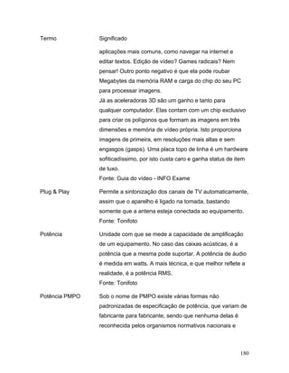 180
Termo Significado
aplicações mais comuns, como navegar na internet e
editar textos. Edição de vídeo? Games radicais? Nem
pensar! Outro ponto negativo é que ela pode roubar
Megabytes da memória RAM e carga do chip do seu PC
para processar imagens.
Já as aceleradoras 3D são um ganho e tanto para
qualquer computador. Elas contam com um chip exclusivo
para criar os polígonos que formam as imagens em três
dimensões e memória de vídeo própria. Isto proporciona
imagens de primeira, em resoluções mais altas e sem
engasgos (gasps). Uma placa topo de linha é um hardware
sofiticadíssimo, por isto custa caro e ganha status de item
de luxo.
Fonte: Guia do vídeo - INFO Exame
Plug & Play Permite a sintonização dos canais de TV automaticamente,
assim que o aparelho é ligado na tomada, bastando
somente que a antena esteja conectada ao equipamento.
Fonte: Tonifoto
Potência Unidade com que se mede a capacidade de amplificação
de um equipamento. No caso das caixas acústicas, é a
potência que a mesma pode suportar. A potência de áudio
é medida em watts. A mais técnica, e que melhor reflete a
realidade, é a potência RMS.
Fonte: Tonifoto
Potência PMPO Sob o nome de PMPO existe várias formas não
padronizadas de especificação de potência, que variam de
fabricante para fabricante, sendo que nenhuma delas é
reconhecida pelos organismos normativos nacionais e
 