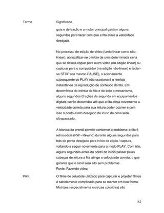 182
Termo Significado
guia e de tração e o motor principal gastam alguns
segundos para fazer com que a fita atinja a velocidade
desejada.
No processo de edição de vídeo (tanto linear como não-
linear), ao localizar-se o início de uma determinada cena
que se deseja copiar para outro vídeo (na edição linear) ou
capturar para o computador (na edição não-linear) e teclar-
se STOP (ou mesmo PAUSE), o acionamento
subsequente do PLAY não ocasionará o reinício
instantâneo da reprodução do conteúdo da fita. Em
decorrência da inércia da fita e de todo o mecanismo,
alguns segundos (frações de segundo em equipamentos
digitais) serão decorridos até que a fita atinja novamente a
velocidade correta para sua leitura poder ocorrer e com
isso o ponto exato desejado de início da cena será
ultrapassado.
A técnica do preroll permite contornar o problema: a fita é
retrocedida (RW - Rewind) durante alguns segundos para
trás do ponto desejado para início da cópia / captura,
voltando a seguir novamente para o modo PLAY. Com isto,
alguns segundos antes do ponto de início passar pelas
cabeças de leitura a fita atinge a velocidade correta, o que
garante que o sinal será lido sem problemas.
Fonte: Fazendo vídeo
Print O filme de celulóide utilizado para capturar e projetar filmes
é sabidamente complicado para se manter em boa forma.
Matrizes (especialmente matrizes coloridas) vão
 