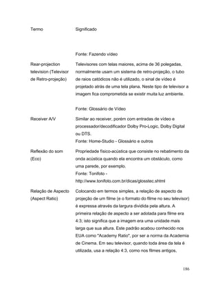 186
Termo Significado
Fonte: Fazendo vídeo
Rear-projection
television (Televisor
de Retro-projeção)
Televisores com telas maiores, acima de 36 polegadas,
normalmente usam um sistema de retro-projeção, o tubo
de raios catódicos não é utilizado, o sinal de vídeo é
projetado atrás de uma tela plana. Neste tipo de televisor a
imagem fica comprometida se existir muita luz ambiente.
Fonte: Glossário de Vídeo
Receiver A/V Similar ao receiver, porém com entradas de vídeo e
processador/decodificador Dolby Pro-Logic, Dolby Digital
ou DTS.
Fonte: Home-Studio - Glossário e outros
Reflexão do som
(Eco)
Propriedade físico-acústica que consiste no rebatimento da
onda acústica quando ela encontra um obstáculo, como
uma parede, por exemplo.
Fonte: Tonifoto -
http://www.tonifoto.com.br/dicas/glosstec.shtml
Relação de Aspecto
(Aspect Ratio)
Colocando em termos simples, a relação de aspecto da
projeção de um filme (e o formato do filme no seu televisor)
é expressa através da largura dividida pela altura. A
primeira relação de aspecto a ser adotada para filme era
4:3; isto significa que a imagem era uma unidade mais
larga que sua altura. Este padrão acabou conhecido nos
EUA como "Academy Ratio", por ser a norma da Academia
de Cinema. Em seu televisor, quando toda área da tela é
utilizada, usa a relação 4:3, como nos filmes antigos,
 