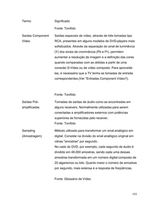 193
Termo Significado
Fonte: Tonifoto
Saídas Component
Video
Saídas especiais de vídeo, através de três tomadas tipo
RCA, presentes em alguns modelos de DVD-players mais
sofisticados. Através da separação do sinal de luminância
(Y) dos sinais de crominância (Pb e Pr), permitem
aumentar a resolução de imagem e a definição das cores
quando comparadas com as obtidas a partir de uma
conexão S-Video ou de vídeo composto. Para aproveitá-
las, é necessário que a TV tenha as tomadas de entrada
correspondentes.(Ver "Entradas Component Vídeo?).
Fonte: Tonifoto
Saídas Pré-
amplificadas
Tomadas de saídas de áudio como as encontradas em
alguns receivers. Normalmente utilizadas para serem
conectadas a amplificadores externos com potências
superiores às fornecidas pelo receiver.
Fonte: Tonifoto
Sampling
(Amostragem)
Método utilizado para transformar um sinal analógico em
digital. Consiste na divisão do sinal analógico original em
várias "amostras" por segundo.
No cado do DVD, por exemplo, cada segundo de áudio é
dividido em 48.000 amostras, sendo cada uma dessas
amostras transformada em um número digital composto de
20 algarismos ou bits. Quanto maior o número de amostras
por segundo, mais extensa é a resposta de freqüências.
Fonte: Glossário de Vídeo
 