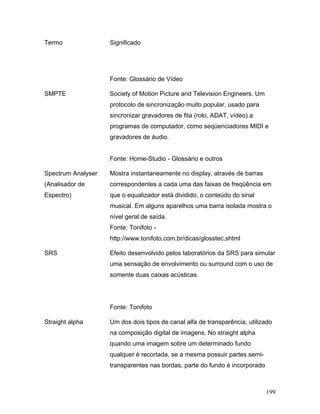 199
Termo Significado
Fonte: Glossário de Vídeo
SMPTE Society of Motion Picture and Television Engineers. Um
protocolo de sincronização muito popular, usado para
sincronizar gravadores de fita (rolo, ADAT, vídeo) a
programas de computador, como seqüenciadores MIDI e
gravadores de áudio.
Fonte: Home-Studio - Glossário e outros
Spectrum Analyser
(Analisador de
Espectro)
Mostra instantaneamente no display, através de barras
correspondentes a cada uma das faixas de freqüência em
que o equalizador está dividido, o conteúdo do sinal
musical. Em alguns aparelhos uma barra isolada mostra o
nível geral de saída.
Fonte: Tonifoto -
http://www.tonifoto.com.br/dicas/glosstec.shtml
SRS Efeito desenvolvido pelos laboratórios da SRS para simular
uma sensação de envolvimento ou surround com o uso de
somente duas caixas acústicas.
Fonte: Tonifoto
Straight alpha Um dos dois tipos de canal alfa de transparência, utilizado
na composição digital de imagens. No straight alpha
quando uma imagem sobre um determinado fundo
qualquer é recortada, se a mesma possuir partes semi-
transparentes nas bordas, parte do fundo é incorporado
 