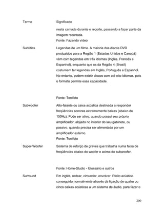 200
Termo Significado
nesta camada durante o recorte, passando a fazer parte da
imagem recortada.
Fonte: Fazendo vídeo
Subtitles Legendas de um filme. A maioria dos discos DVD
produzidos para a Região 1 (Estados Unidos e Canadá)
vêm com legendas em três idiomas (Inglês, Francês e
Espanhol), enquanto que os da Região 4 (Brasil)
costumam ter legendas em Inglês, Português e Espanhol.
No entanto, podem existir discos com até oito idiomas, pois
o formato permite essa capacidade.
Fonte: Tonifoto
Subwoofer Alto-falante ou caixa acústica destinada a responder
freqüências sonoras extremamente baixas (abaixo de
150Hz). Pode ser ativo, quando possui seu próprio
amplificador, alojado no interior do seu gabinete, ou
passivo, quando precisa ser alimentado por um
amplificador externo.
Fonte: Tonifoto
Super-Woofer Sistema de reforço de graves que trabalha numa faixa de
freqüências abaixo do woofer e acima do subwoofer.
Fonte: Home-Studio - Glossário e outros
Surround Em inglês, rodear, circundar, envolver. Efeito acústico
conseguido normalmente através da ligação de quatro ou
cinco caixas acústicas a um sistema de áudio, para fazer o
 