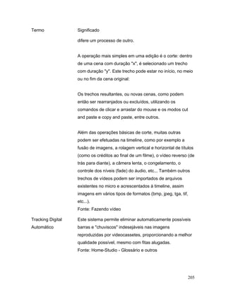 205
Termo Significado
difere um processo de outro.
A operação mais simples em uma edição é o corte: dentro
de uma cena com duração "x", é selecionado um trecho
com duração "y". Este trecho pode estar no início, no meio
ou no fim da cena original:
Os trechos resultantes, ou novas cenas, como podem
então ser rearranjados ou excluídos, utilizando os
comandos de clicar e arrastar do mouse e os modos cut
and paste e copy and paste, entre outros.
Além das operações básicas de corte, muitas outras
podem ser efetuadas na timeline, como por exemplo a
fusão de imagens, a rolagem vertical e horizontal de títulos
(como os créditos ao final de um filme), o vídeo reverso (de
trás para diante), a câmera lenta, o congelamento, o
controle dos níveis (fade) do áudio, etc... Também outros
trechos de vídeos podem ser importados de arquivos
existentes no micro e acrescentados à timeline, assim
imagens em vários tipos de formatos (bmp, jpeg, tga, tif,
etc...).
Fonte: Fazendo vídeo
Tracking Digital
Automático
Este sistema permite eliminar automaticamente possíveis
barras e "chuviscos" indesejáveis nas imagens
reproduzidas por videocassetes, proporcionando a melhor
qualidade possível, mesmo com fitas alugadas.
Fonte: Home-Studio - Glossário e outros
 